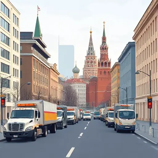 A realistic illustration of a Moscow city street with several tow trucks parked near modern buildings, a skyline featuring the Kremlin silhouette, and a subtle clock tower in the background indicating time, without any text, letters, digits, logos, or unrelated vehicles, rendered in a compact high-quality style