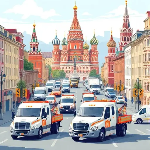A realistic illustration of Moscow city streets featuring several modern tow trucks of different models, positioned near iconic landmarks such as the Kremlin silhouette in the background, showcasing a bustling urban environment with clear sky and detailed vehicles, without any text, logos, or signage.