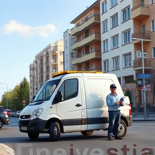 вызвать эвакуатор в москве недорого северный A realistic scene of a compact tow truck parked on a quiet street in the northern part of Moscow, with recognizable Russian architecture such as typical apartment buildings and street signs, under a clear daytime sky. The tow truck should look clean and affordable, with a friendly driver standing beside it, holding a clipboard. No text, logos, or brand markings are visible.