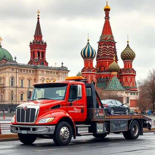 A realistic depiction of a tow truck parked in front of a recognizable Moscow landmark, such as the Kremlin or St. Basil's Cathedral, with a subtle hint of a car being towed, all in a detailed, high-quality style, no text or people visible.