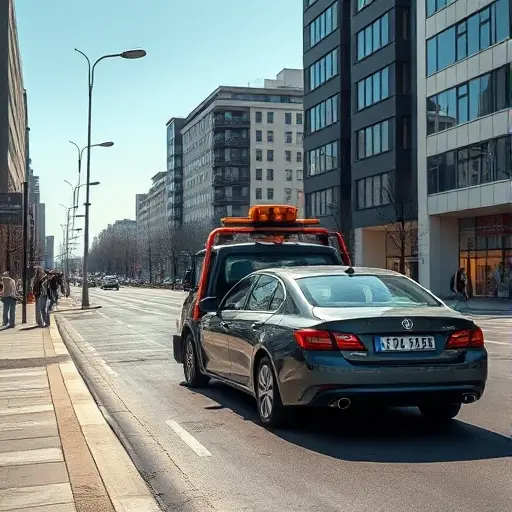 A realistic urban scene of a tow truck pulling a broken car onto the street of Avtozavodskaya Square, with surrounding modern buildings, streetlights, and a few pedestrians watching from the sidewalk, under a clear sky. The focus is on the tow truck and the car, with dynamic perspective and natural lighting, no text or signage visible.