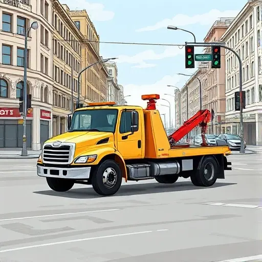 Эвакуатор на 1-м проспекте Новогиреево: Полное руководство A realistic illustration of a tow truck parked on a typical Russian city street, with 1st Prospect Novogireyevo in the background, showing the street, buildings, and traffic lights, but no text or signage visible.