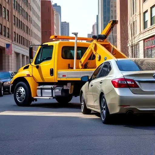 A realistic scene of a bright yellow towing truck parked beside a broken-down sedan on a city street. The towing truck has a visible winch and hook, positioned next to the sedan with a flat tire. The background shows urban buildings and a clear sky. No text, letters, or digits are present.