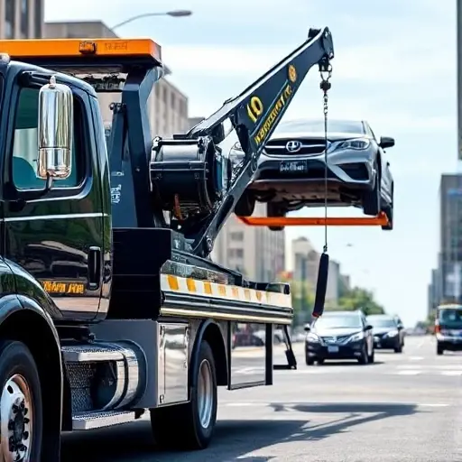 A modern tow truck equipped with a heavy-duty winch, positioned on a city street. The truck's cab is visible, with a winch arm extended and a cable attached to a car being lifted. The scene shows a clear sky and urban background, with no text, letters, or numbers in the image.