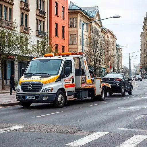 A realistic depiction of a tow truck parked on Argunovskaya Street, towing a damaged car, with a city street background and surrounding buildings, no text or signage visible