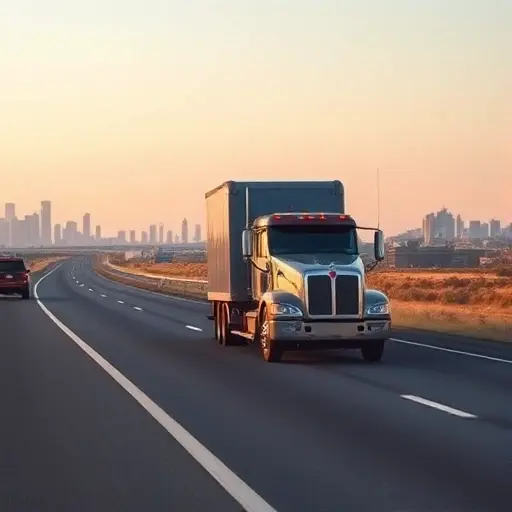 A tow truck partially loaded with a vehicle, traveling on a highway between cities, with distant city skylines and an open road in the background, realistic style