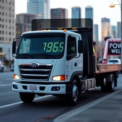 A tow truck parked on a city street with a visible price meter indicating cost per kilometer, subtle city skyline in the background, no text or numbers in the image