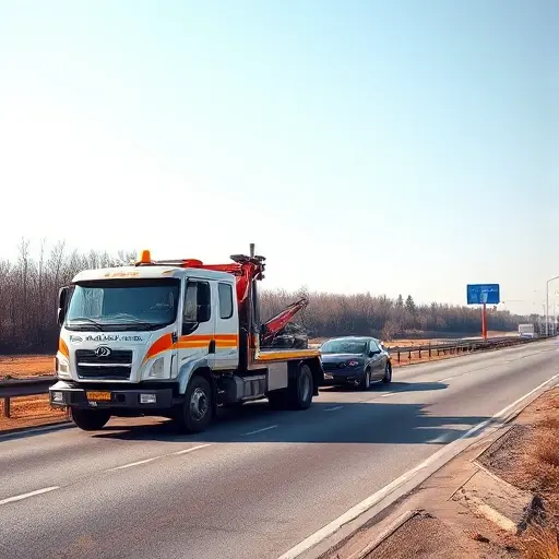 A tow truck parked beside a broken-down car on a road between Moscow and Balashikha, with a clear sky and no text or signage, depicted in a realistic style