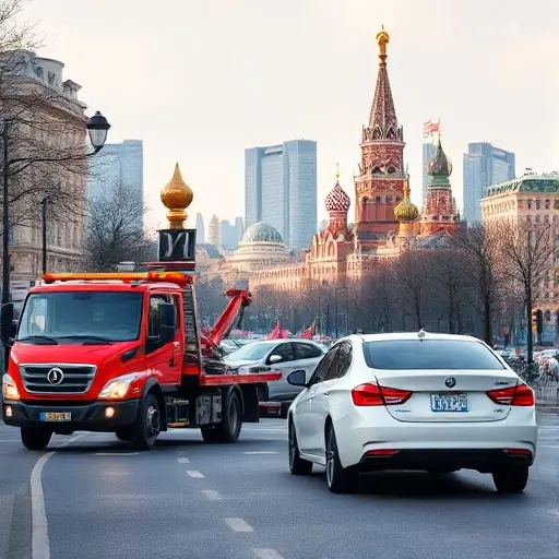 A tow truck pulling a car on a Moscow street, with iconic Moscow skyline in the background, no text or numbers, no people, no other cars