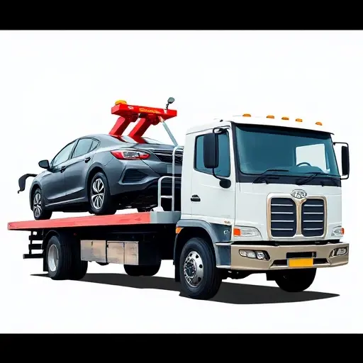 эвакуатор evakuator max A modern tow truck in action, lifting a car onto its flatbed, with a clear background, no text or logos