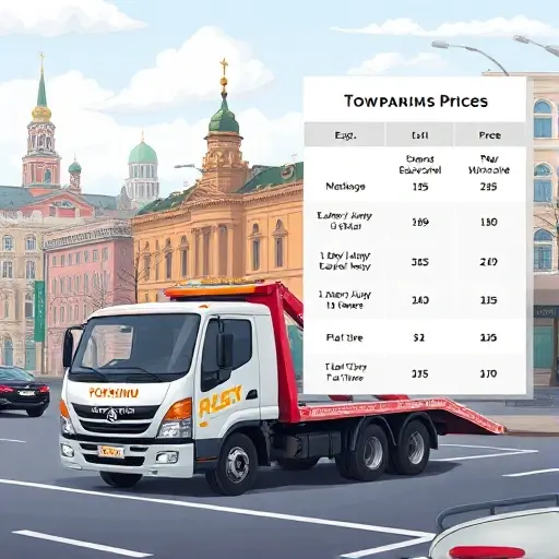 A realistic illustration of a tow truck parked in a Moscow street near Rostokino, with a subtle overlay of a comparison chart showing price ranges and service icons for different tow companies. The scene should include a cityscape background with recognizable Moscow architecture, a clear depiction of the tow truck’s brand logos, and a faint, semi-transparent graphic of a price list and service icons (e.g., battery jump, lockout, flat tire). The overall composition should convey affordability and service comparison without any textual labels, letters, or numbers.