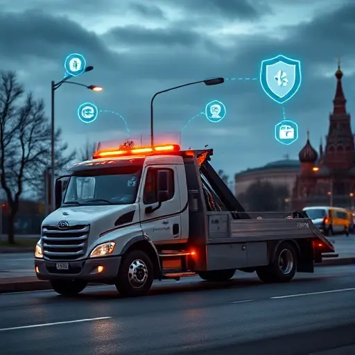A sleek, modern tow truck parked on a Moscow street at dusk, with subtle glowing shield icons and abstract digital payment symbols floating around it to convey secure cashless transactions, city lights and the Kremlin silhouette in the background, no visible text or logos