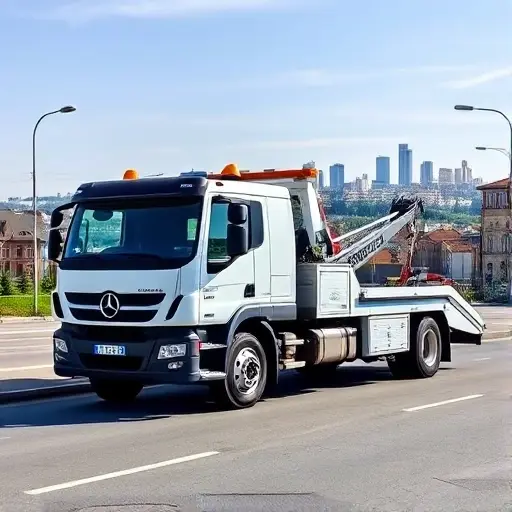 A modern tow truck parked on a street in Alexandrov, with the town's skyline in the background, showing a clear, bright day, no text or people, no other cars