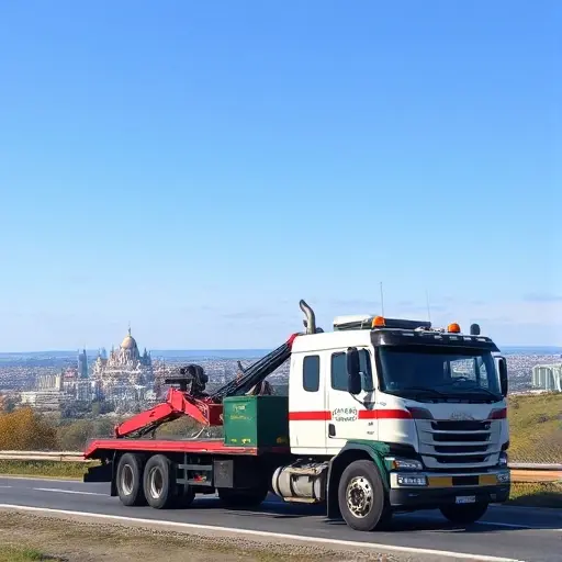 A tow truck parked on a scenic road between Moscow and Klin, with the Moscow skyline in the background and the town of Klin visible in the distance, under a clear sky.