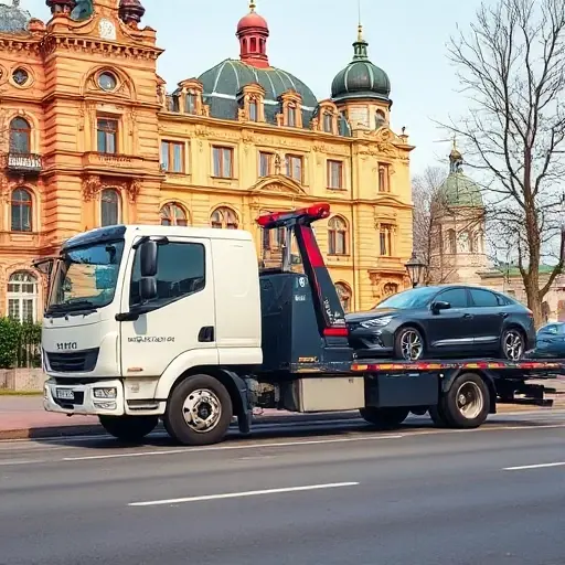 эвакуатор тобольск A realistic tow truck parked on a street in Tobolsk, with a car being towed, showing the historic architecture of the city in the background, in a clear daytime setting, no text or logos