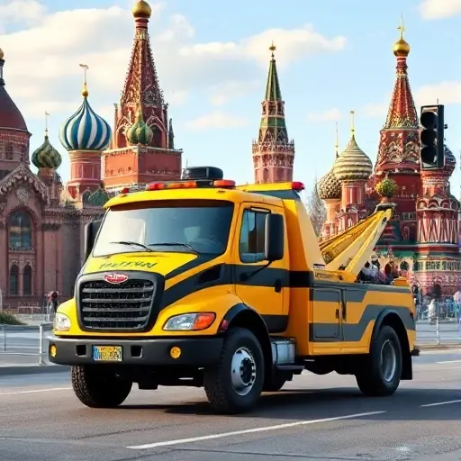 Шмель Эвакуатор Москва: Полный Гид A friendly tow truck designed with a bumblebee theme, featuring yellow and black stripes and subtle wing-like details, parked in front of recognizable Moscow landmarks such as the Kremlin and St. Basil's Cathedral under a clear sky, with the city streets and traffic lights visible, creating a helpful and professional atmosphere