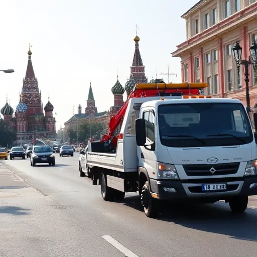 эвакуатор дешево москва онлайн A realistic scene of a tow truck pulling a small car on a busy Moscow street, with recognizable Moscow architecture such as the Kremlin dome and St. Basil's Cathedral in the background, under a clear sky, emphasizing a cost‑effective service vibe, no text or signage