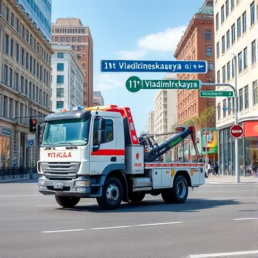 A realistic depiction of a tow truck (evacuator) parked on the bustling 1st Vladimirskaya Street, with city buildings, street signs, and a clear sky, focusing on the vehicle and the urban environment, no text or logos.