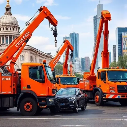 Эвакуаторы манипуляторы в Москве A bustling Moscow street scene featuring several bright orange tow trucks equipped with large hydraulic manipulators, each lifting or moving a damaged car. The background shows recognizable Moscow architecture such as the Kremlin dome and modern high‑rise buildings under a clear sky. The focus is on the detailed trucks and their arms, with realistic lighting and a slightly elevated viewpoint, capturing the dynamic action of vehicle recovery in the city.