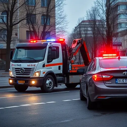 A tow truck parked on Bolshoy Vlasyevsky lane, with a damaged car beside it, emergency lights flashing, city street background, no text or signage
