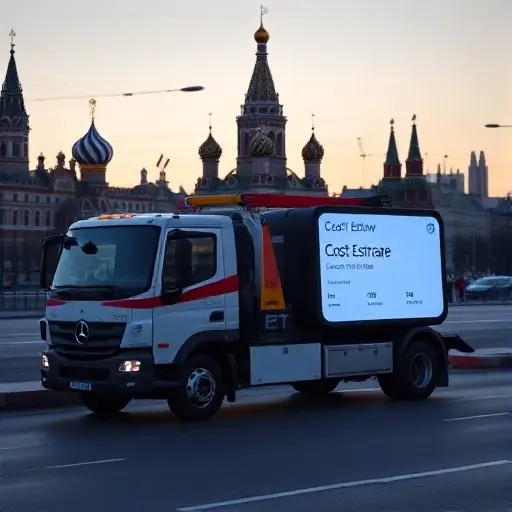 A modern tow truck parked on a Moscow street, with a digital screen on its side displaying a cost estimate in a clear, abstract graphic style. The background shows iconic Moscow architecture and a subtle city skyline at dusk. The scene conveys affordability and convenience of online cost calculation, with no visible text, letters, or digits in the image.