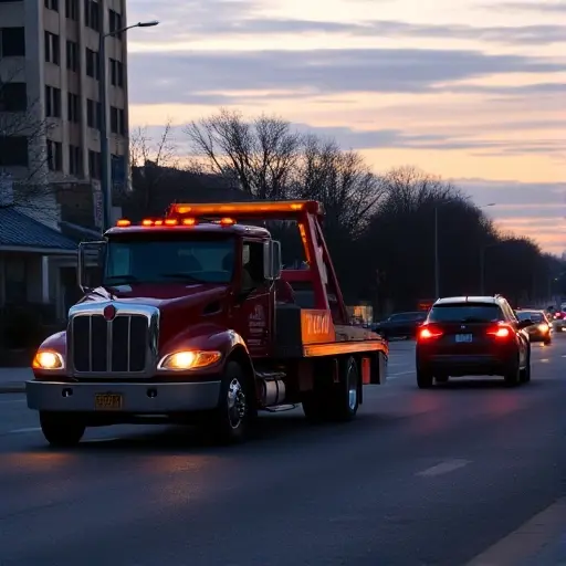 depict a tow truck pulling a car on a city street at dusk, with a clear background, no text or numbers, no visible license plates