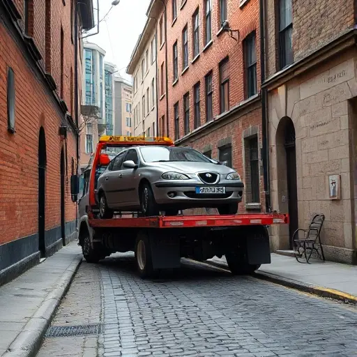 A tow truck partially loaded with a car on its platform, parked on a narrow city street named Bolshoy Vlasyevsky Lane, with cobblestone pavement and old brick buildings lining the sides, in a realistic style, no text or signage visible.