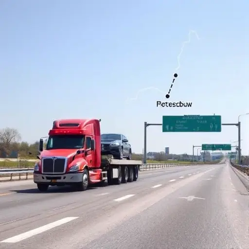 A realistic scene showing a tow truck transporting a car along a highway that connects Moscow and Saint Petersburg, with a subtle map outline in the background indicating the route between the two cities, under a clear sky, focusing on the vehicles and road without any text or signage
