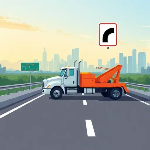 A realistic illustration of a tow truck on a highway between two cities, with a scenic background of distant city skylines, a road sign with an arrow pointing forward, and a floating price tag icon hovering above the truck, all rendered in a clean, detailed style.