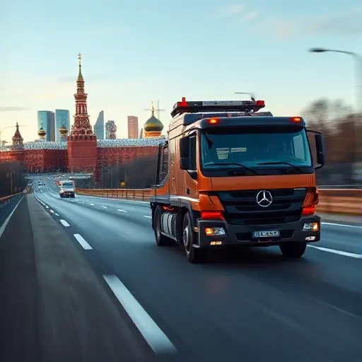 A modern tow truck driving quickly on a Moscow region road, with a blurred city skyline in the background to convey speed of arrival, realistic lighting and detailed vehicle, no text or signage