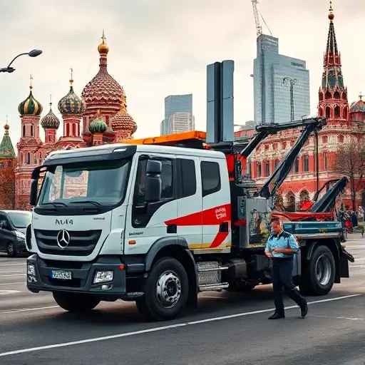 москва и область купить эвакуатор A modern tow truck parked on a Moscow street with the iconic Moscow skyline in the background, a friendly mechanic in uniform standing beside the truck, no text or logos visible