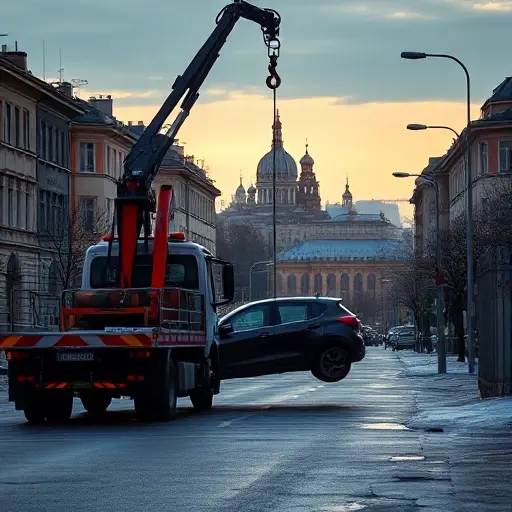 A tow truck with a hook lifting a parked car onto a municipal impound lot in Moscow, the scene includes typical Moscow street architecture, distant Kremlin dome silhouette, street lamps and trees, realistic lighting, no visible text or signage
