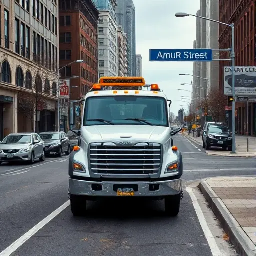 A realistic depiction of a tow truck parked on a city street named Amur Street, surrounded by a few blocked cars and urban scenery. The scene should show the tow truck in a neutral pose, with its front lights on, and the street environment including sidewalks, streetlights, and distant buildings. No text, signage, or lettering should be visible in the image.