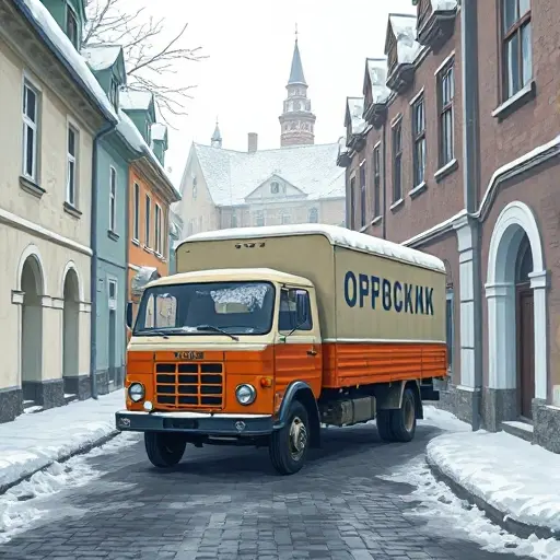 A realistic illustration of a classic Russian evacuation truck parked in a narrow, cobblestone alley of Arkhangelsk, with snow-covered rooftops and a subtle winter atmosphere, no people, no modern cars, no text
