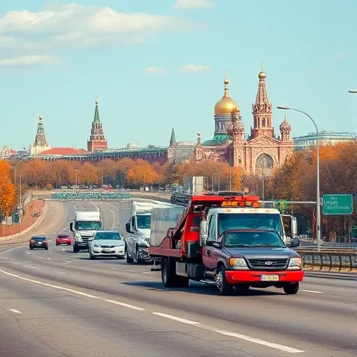 A realistic scene of a tow truck operating on a busy Moscow highway, with recognizable Moscow architecture such as the Kremlin domes in the distant skyline, autumn trees, and a clear sky. The tow truck is pulling a broken car, illustrating vehicle evacuation in Moscow and the Moscow region.
