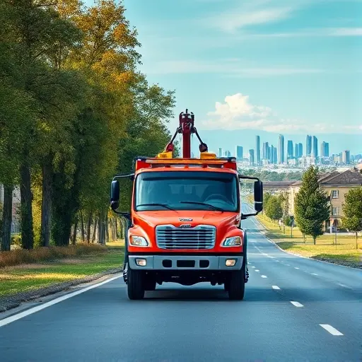 A realistic scene of a tow truck (evakuator) operating on a road in the Moscow region, with typical Russian suburban surroundings: a mix of trees, low-rise residential buildings, and a distant view of Moscow's skyline under a clear sky. The tow truck is centered, showing its hook and platform, with subtle reflections on its metal surface. No text, logos, or people are present.