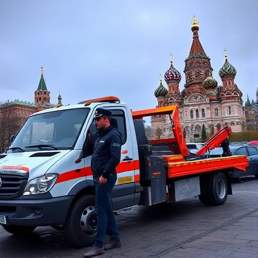 A tow truck parked near the Kremlin in Moscow, with a police officer in uniform handing a ticket to the driver, no text or numbers visible
