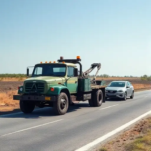 A Ural truck used as a tow truck, towing a broken-down car on a rural road with a clear sky, no people, no text, no logos