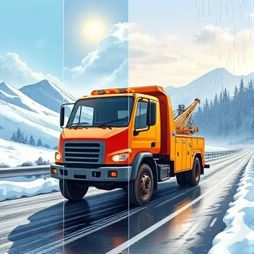 A detailed illustration of a tow truck (evacuator) traveling along a scenic route named 'Alley and Road of Life', depicted in multiple weather conditions: bright sunshine with clear sky, heavy rain with wet road reflections, snowy landscape with snow-covered ground, and foggy atmosphere with muted lighting. The vehicle should appear robust and functional, with appropriate headlights, windshield wipers, and tires adapting to each condition. Include realistic clouds, dynamic lighting, and subtle atmospheric effects to convey the influence of weather on the journey, all rendered in a compact high-quality style.
