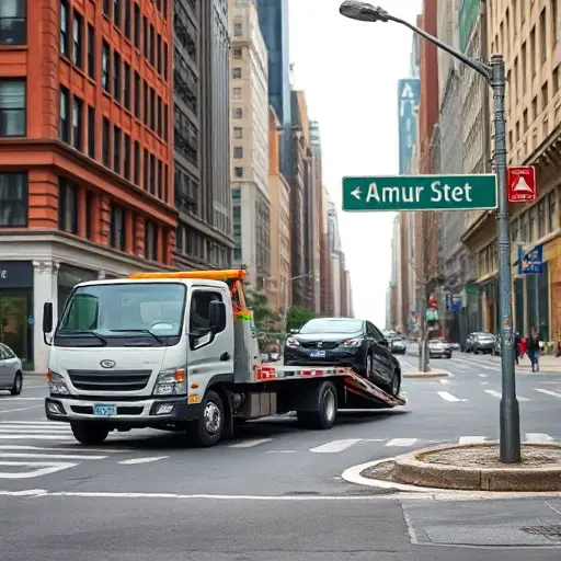 A realistic depiction of a tow truck parked on a bustling city street, with a car being towed, showing the exact location of the vehicle. The scene includes a street sign for Amur Street but without any visible text, letters, or digits. The background should feature urban architecture and a clear view of the street layout.