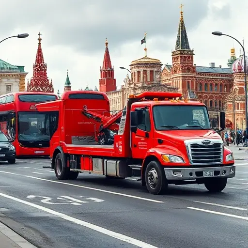 A realistic depiction of a tow truck (эвакуатор) in a Moscow city street, pulling a car, with iconic Moscow elements such as red double‑decker buses or the Kremlin silhouette in the background, no text or signage visible.
