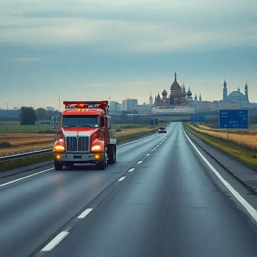 эвакуатор брянск москва A realistic tow truck on a long highway, with a subtle hint of the Russian countryside transitioning into an urban skyline representing Moscow in the distance. The scene should convey a journey from Bryansk to Moscow, featuring road signs or markers without any readable text, and a clear, detailed depiction of the tow truck and the road environment.
