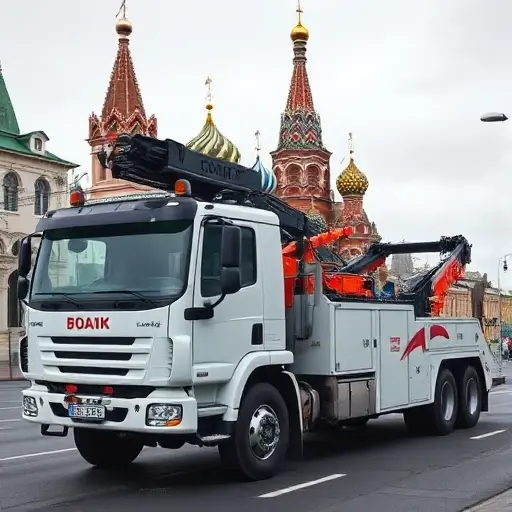 A specialized tow truck parked on a Moscow street, with iconic city architecture in the background, showcasing the truck’s robust design and equipment in a realistic, detailed style