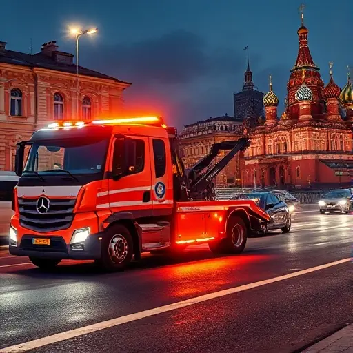 A modern tow truck with bright LED lights pulling a car on a Moscow street at night, featuring the iconic Moscow skyline in the background, conveying urgency and 24/7 service, with no text or signage, high detail, small high quality