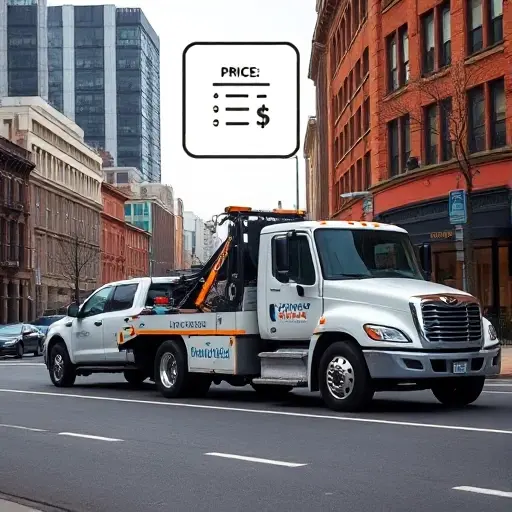 A tow truck with a stylized logo on its side pulling a car on a city street, with a floating price list icon above the scene, all depicted without any text, letters, or digits