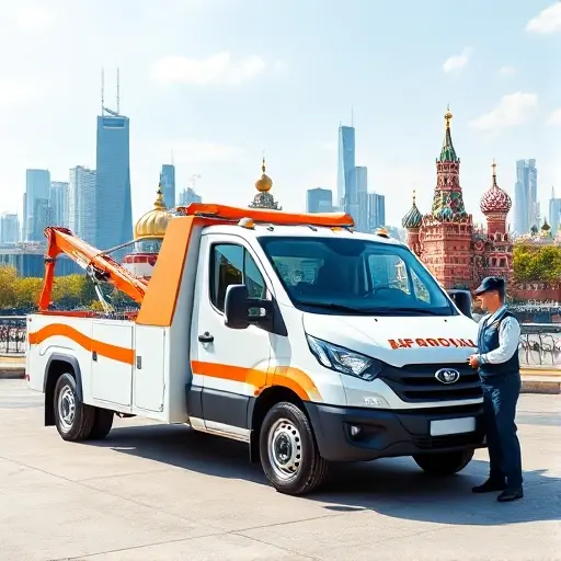 A modern tow truck parked in front of a recognizable Moscow skyline, with a professional driver in uniform standing beside the vehicle, conveying affordability and expertise. The scene should include subtle visual cues of a low-cost service, such as a bright, friendly color scheme and a clean, efficient design, without any text, letters, or numbers in the image.