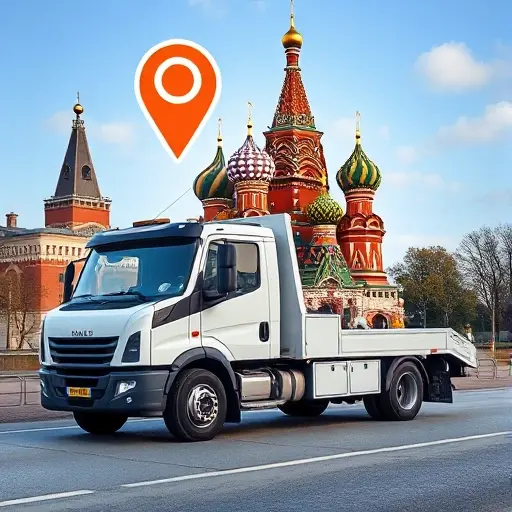 A modern tow truck parked near a recognizable Moscow landmark such as the Kremlin or St. Basil's Cathedral, with a subtle map pin icon floating above the vehicle to suggest location searching, all rendered in a clean, detailed smallHQ style without any text, letters, or numbers