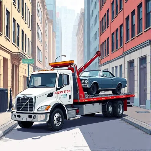 A realistic, high-resolution illustration of a tow truck parked on a narrow city street, with a car being towed, showcasing different tow truck types (flatbed, hook-and-chain, wheel-lift) in a detailed, small-scale setting.
