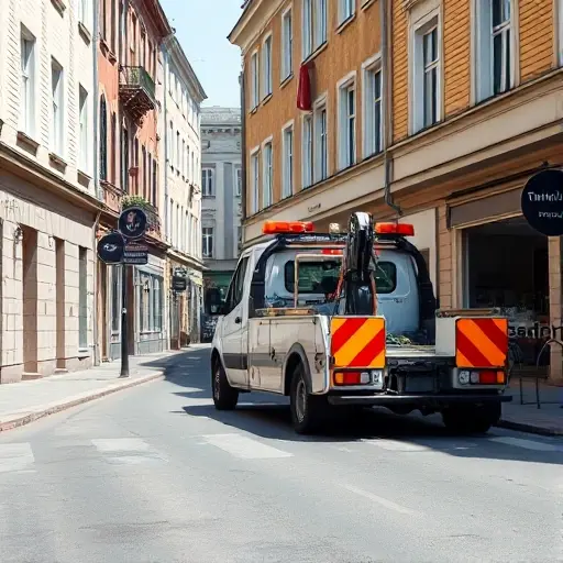 A realistic scene of a tow truck (evacuator) parked on a quiet urban street named "2nd Verkhny Mikhailovsky Passage". The street is lined with typical city buildings, modest storefronts, and street lamps. The tow truck is the focal point, with its hook and platform visible, but no signage, letters, or numbers are shown on the vehicle or surroundings. The atmosphere is clear daylight, emphasizing the vehicle and the surrounding architecture in a compact, high-quality composition.