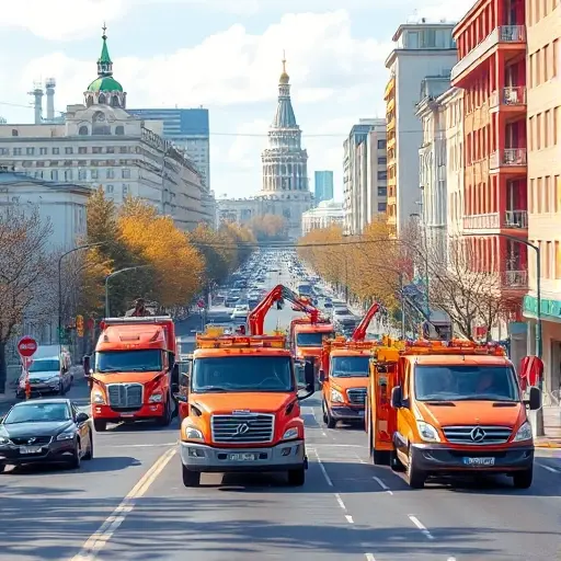A realistic illustration of a busy Moscow street in the Kuntsevo district featuring several tow trucks (evakuators) assisting vehicles, with surrounding city buildings, trees, and a clear sky, highlighting the tow service in an urban environment